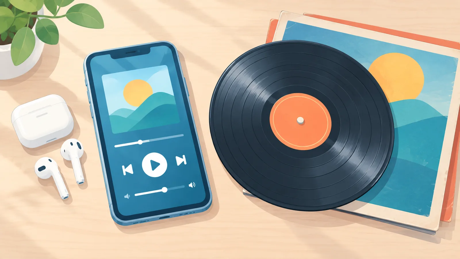 スマートフォンと古いレコードを並べた比較イメージ