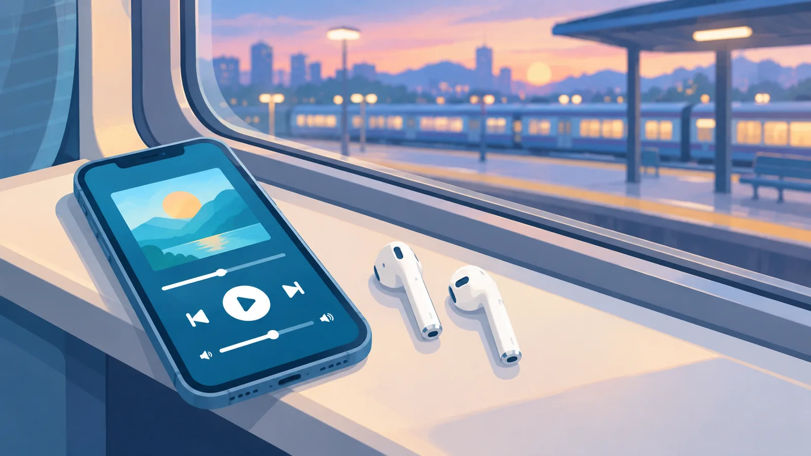 夕暮れの窓辺に置かれたスマートフォンとイヤホン