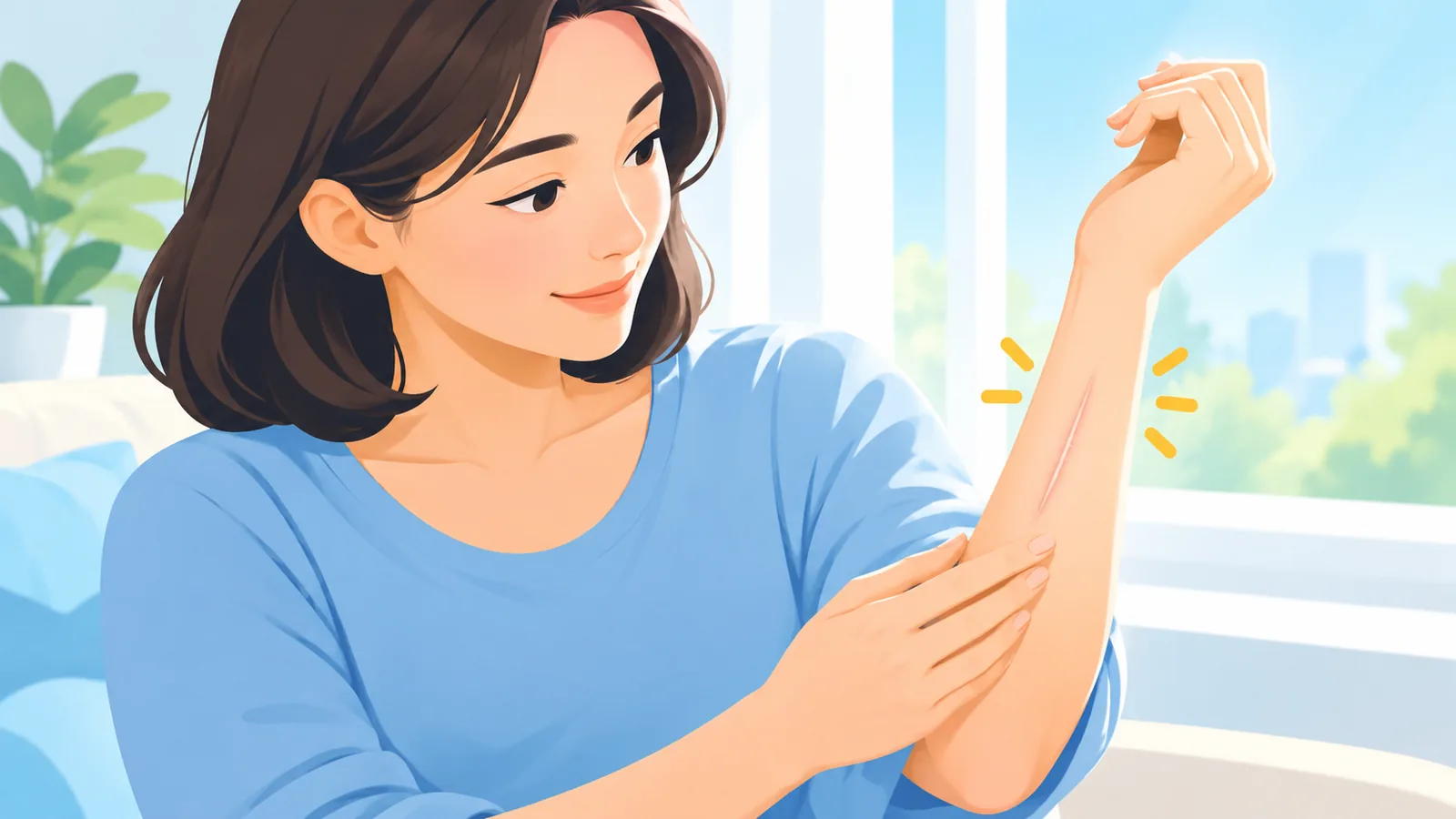 窓辺で腕の術後の傷跡を静かに見つめる女性