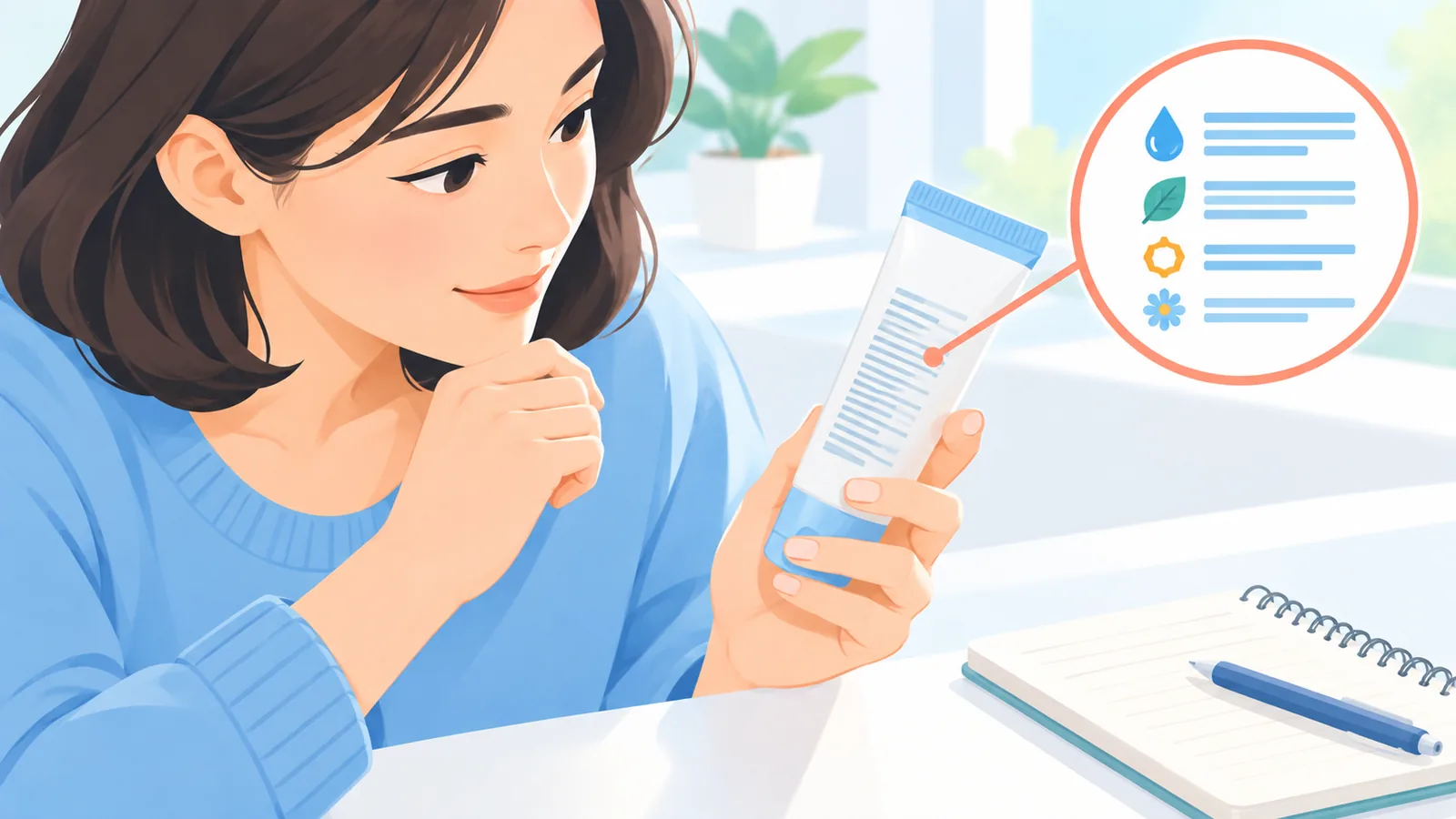 チューブの成分表示を確認している人の手元
