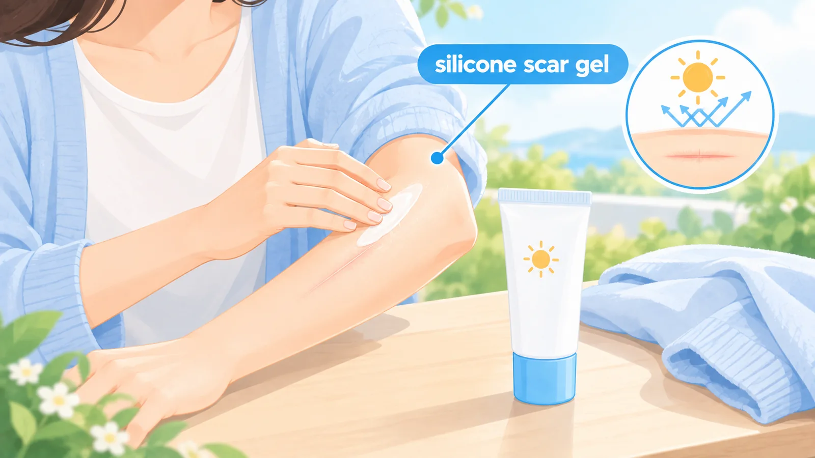 腕の傷跡に日焼け止めを塗る様子