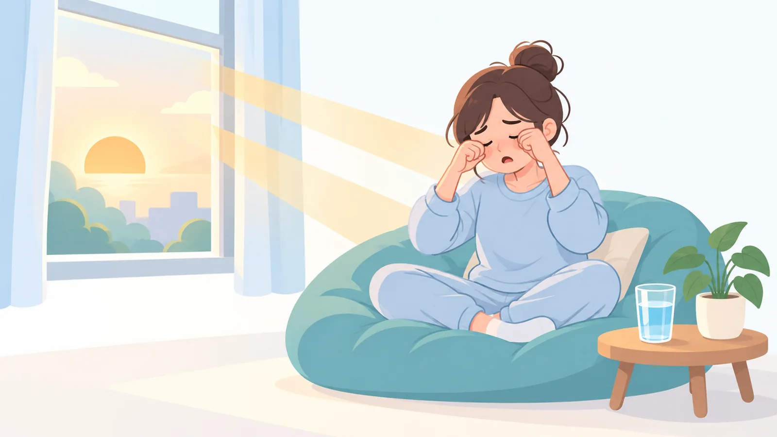 眠そうに目をこすりながらクッションに座る人