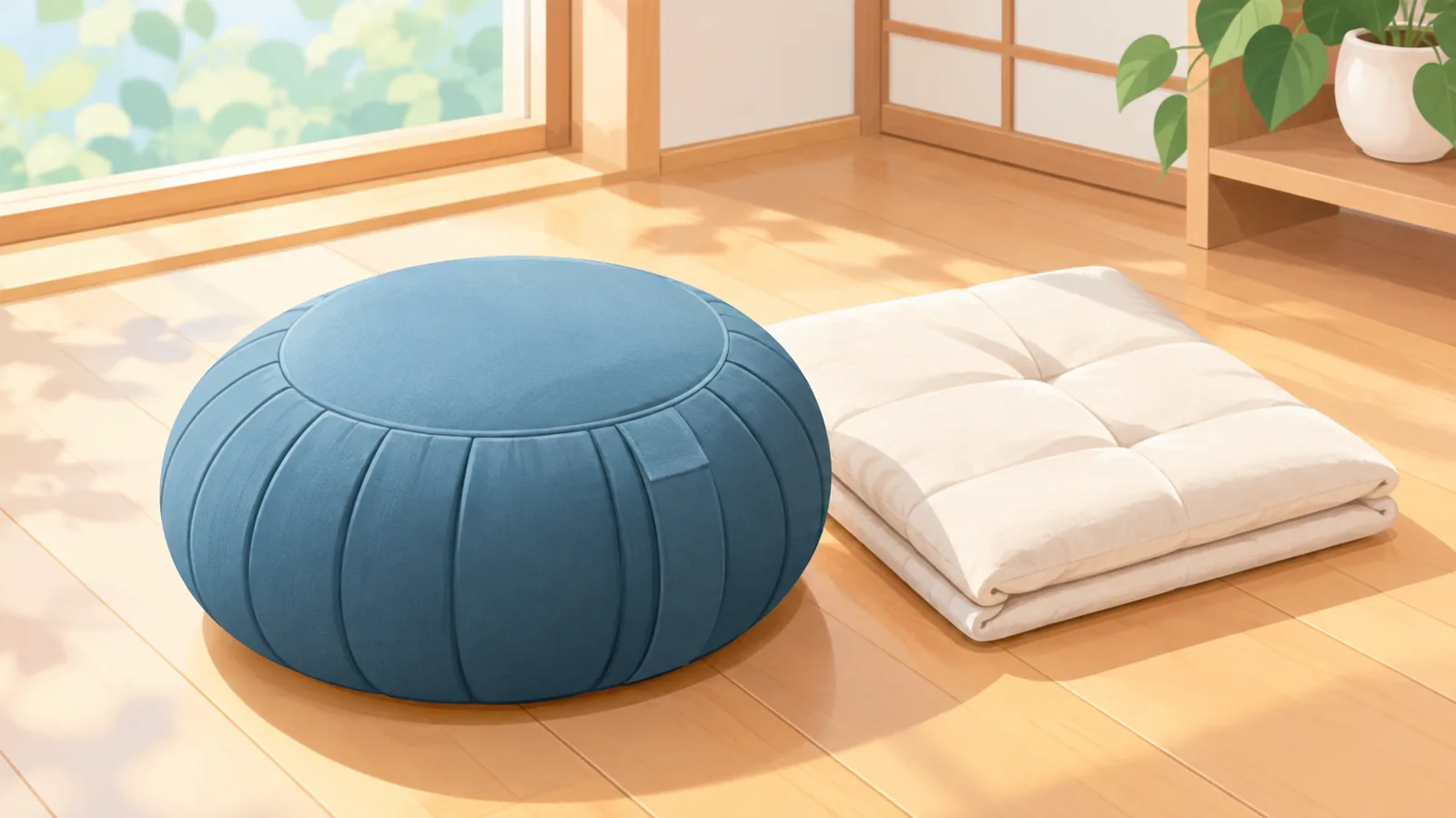 木の床に置かれた瞑想クッションと座布団