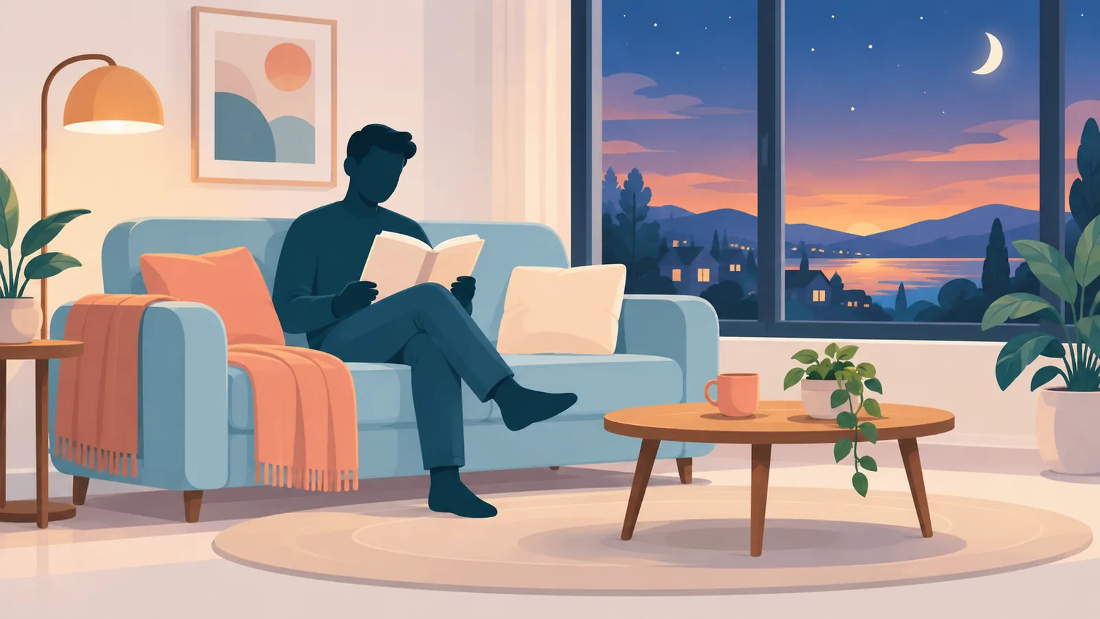 ソファで読書する人のシルエット