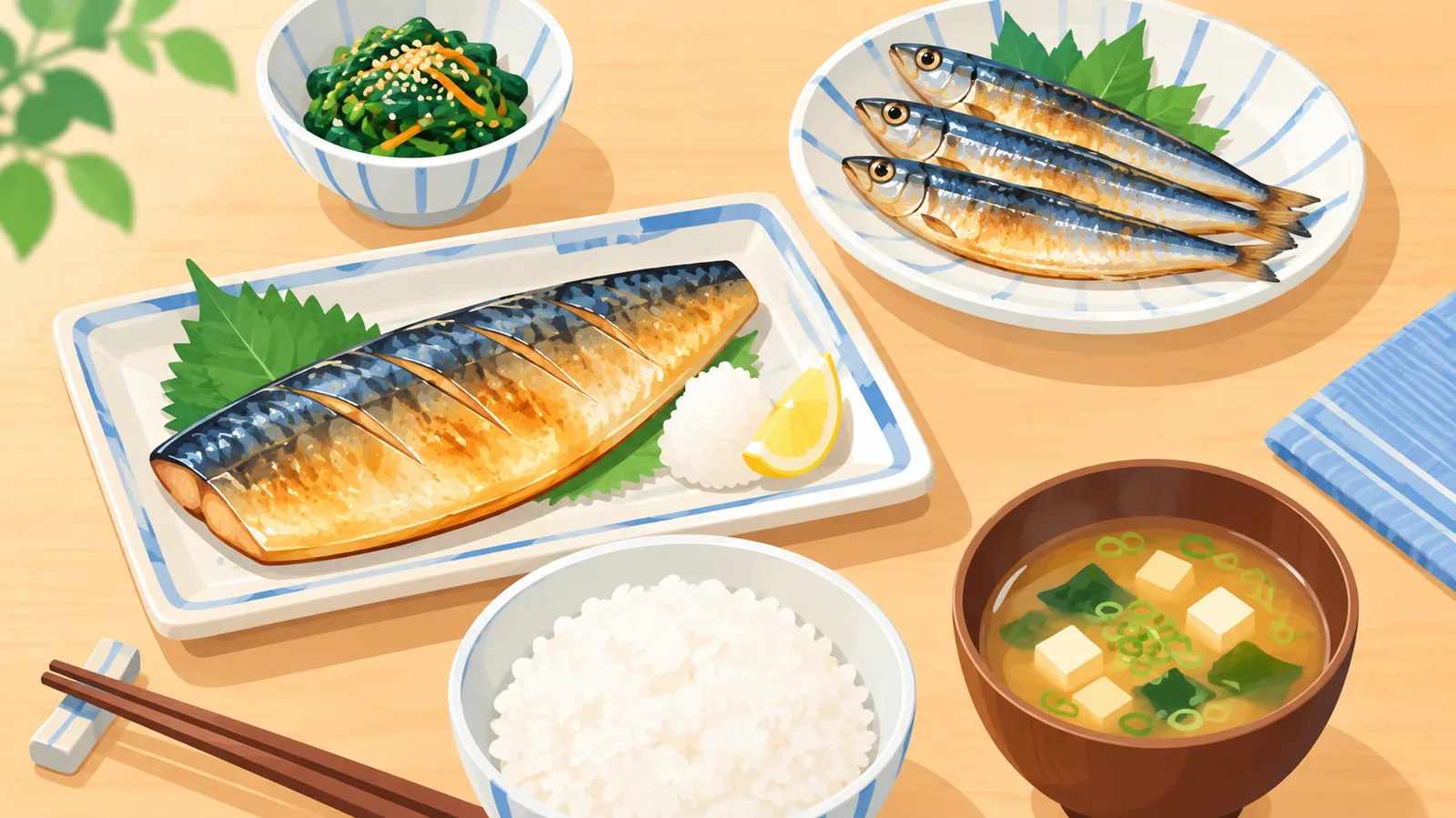 サバやイワシなどの青魚が並ぶ食卓