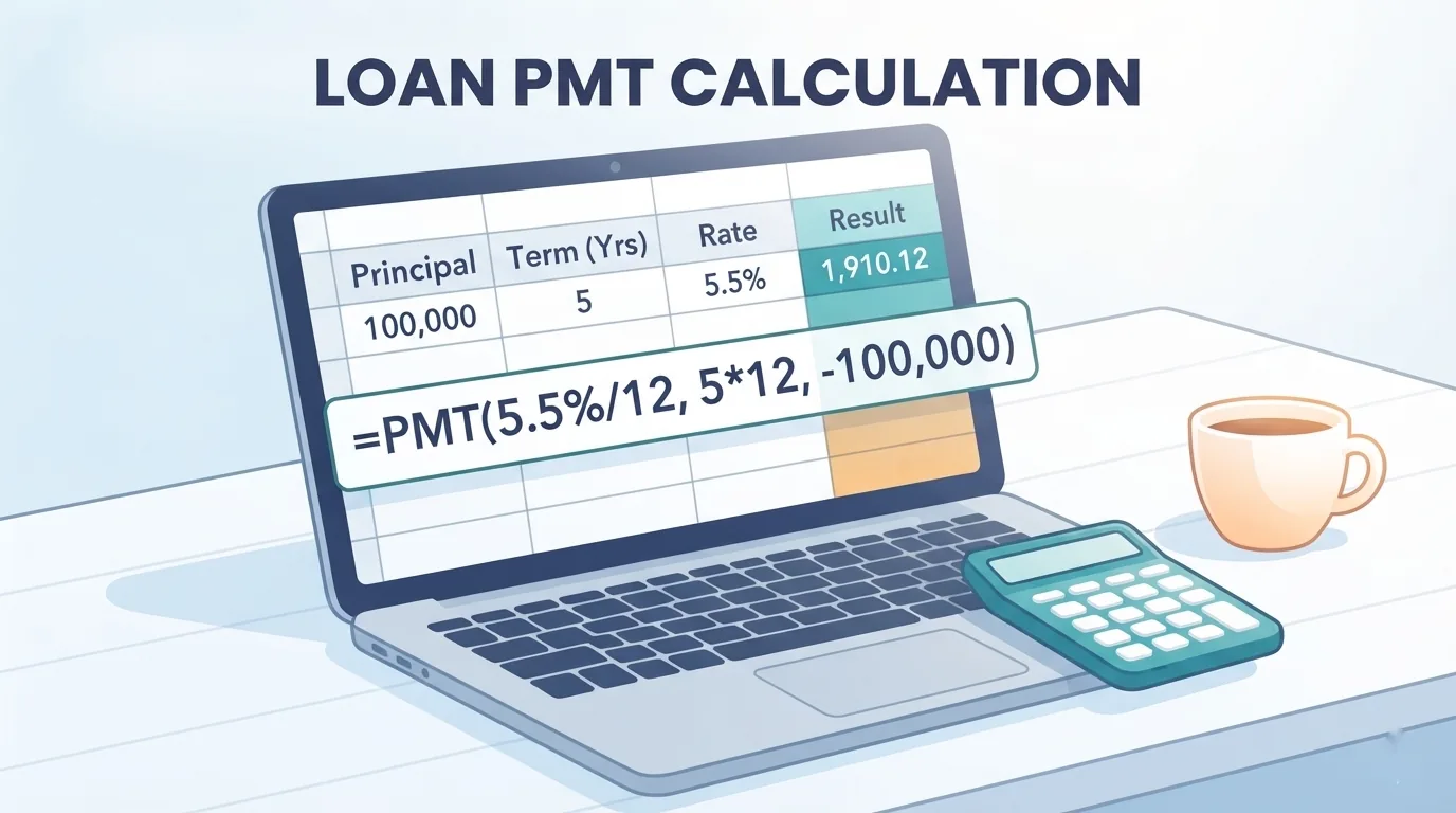 PMT関数の数式と月額の計算結果が表示されたノートパソコン
