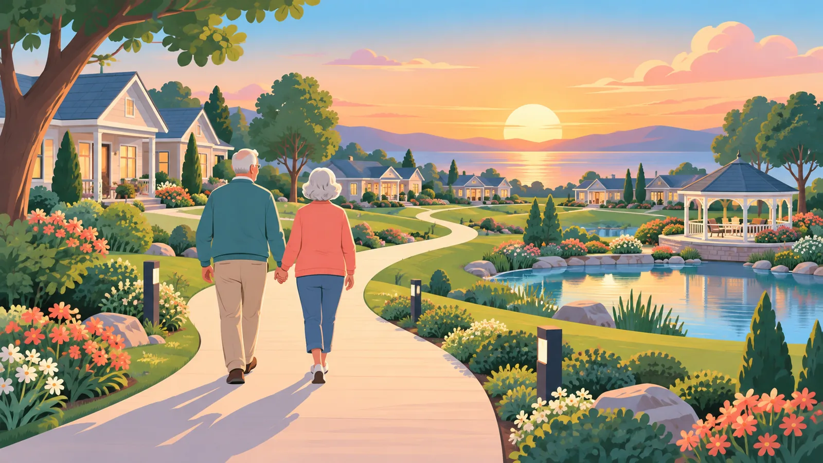 夕暮れの遊歩道を歩くシニア夫婦