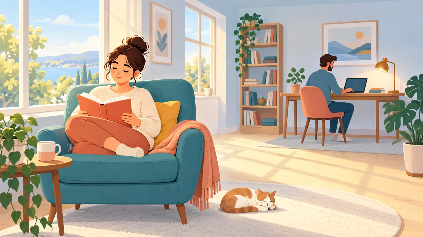 同じ部屋でそれぞれの時間を過ごす穏やかな様子