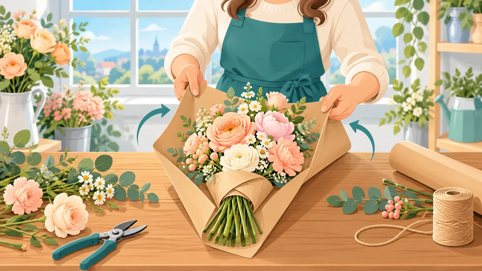 淡い色合いのフラワーアレンジメントを丁寧に包装している花屋の作業台