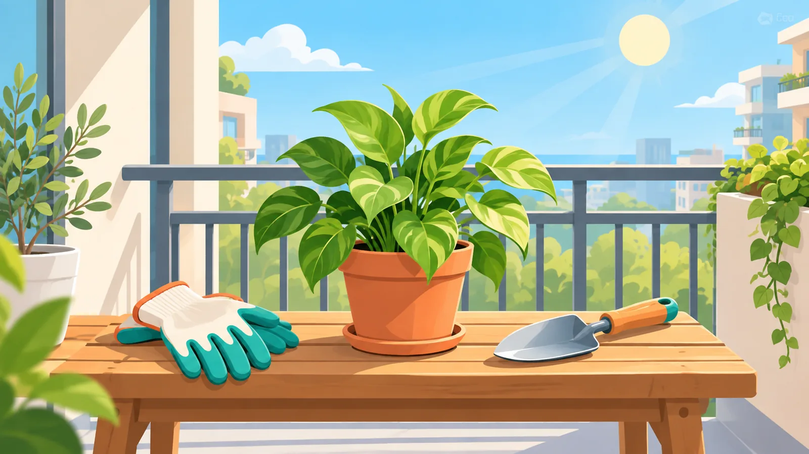 ガーデニング用の手袋と小さな鉢植えが置かれた明るいベランダ