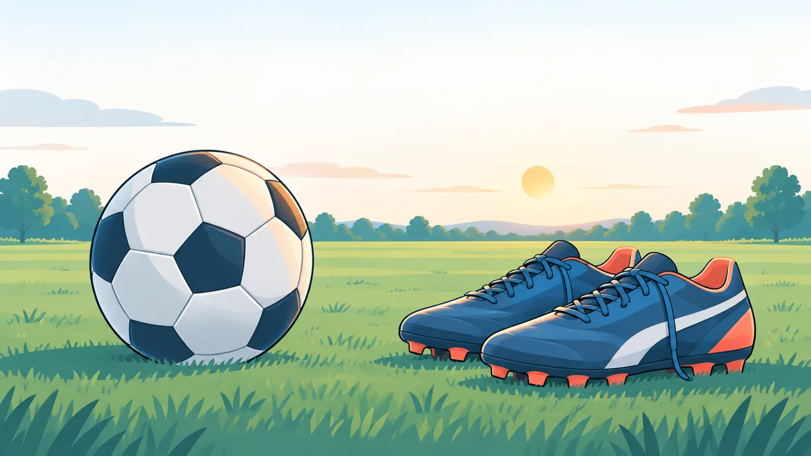 平らな芝生に置かれたサッカーボールとスパイク