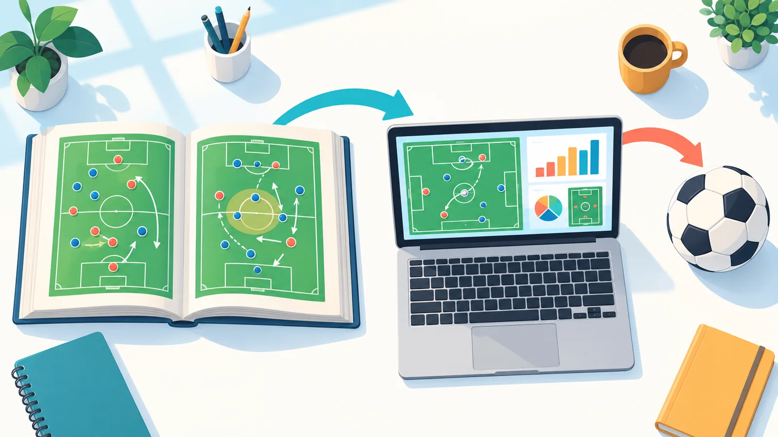 参考資料を調べるデスクとサッカーボール