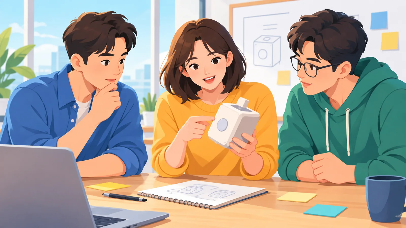 試作品を囲んで話し合う少人数のスタートアップチーム