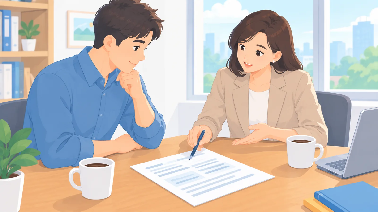 契約書類を前に説明を受ける創業者