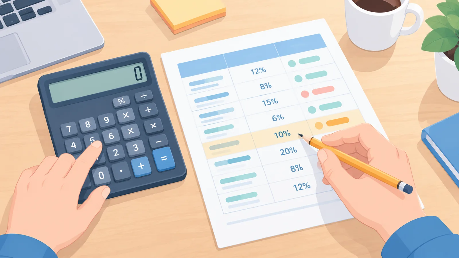 電卓と表で持分の割合を試算する様子