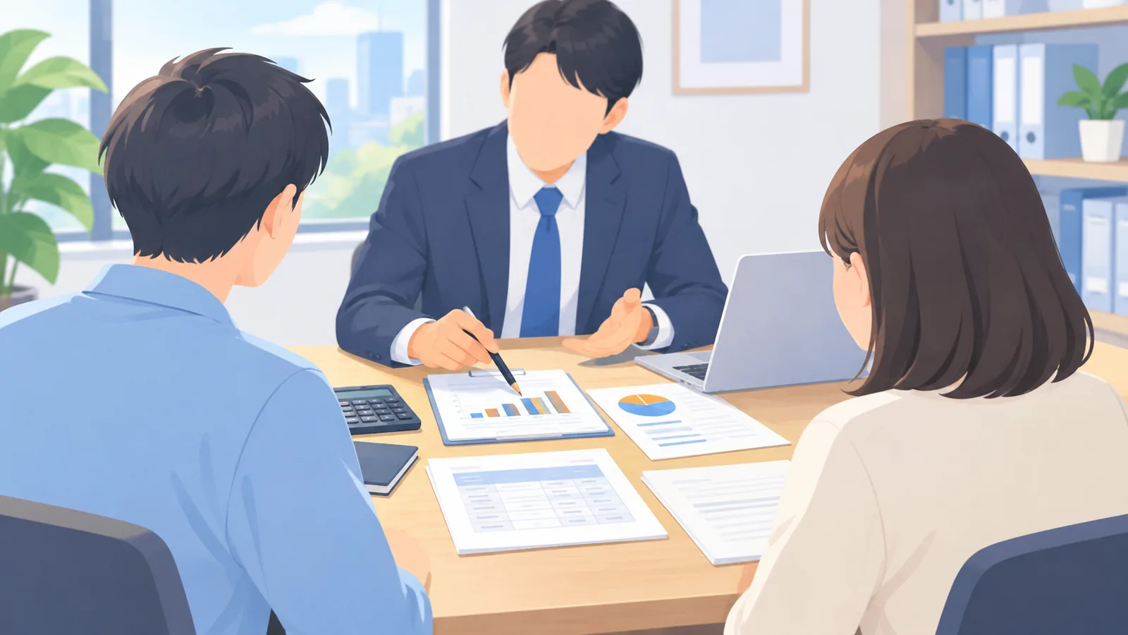 税理士のオフィスで書類を見ながら相談する夫婦