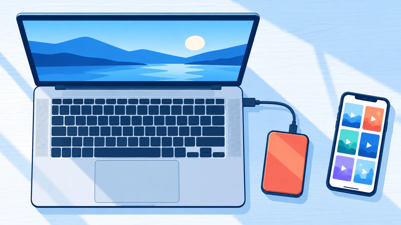 動画ファイルを整理するデスクの上のノートPCとスマホ