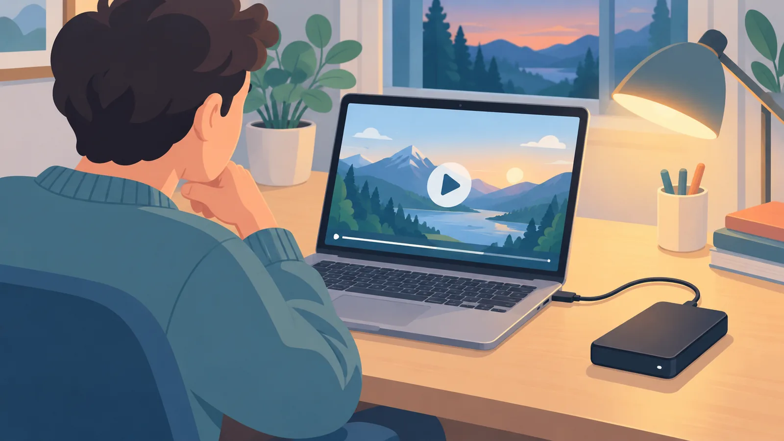 自宅のデスクでPCの動画を見ている人