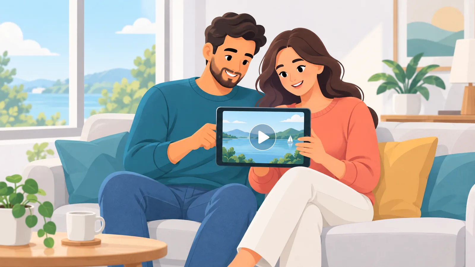家族でタブレットの動画を一緒に見ている様子