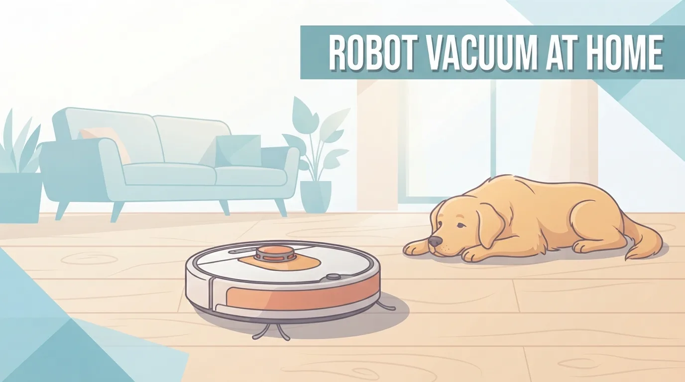 フローリングを掃除するロボット掃除機と寝そべる犬
