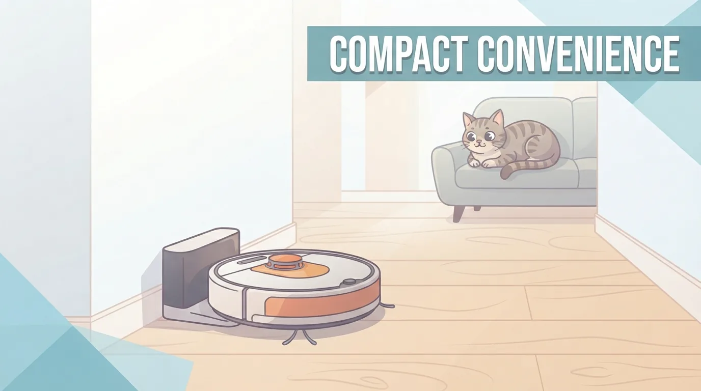 ドックのそばのロボット掃除機とソファの猫