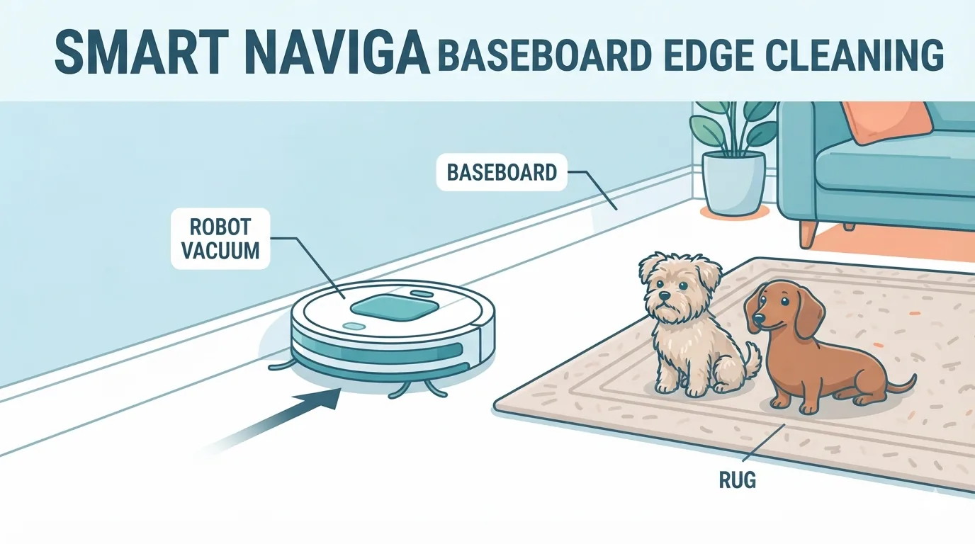 2頭の犬のいるリビングを掃除するロボット掃除機