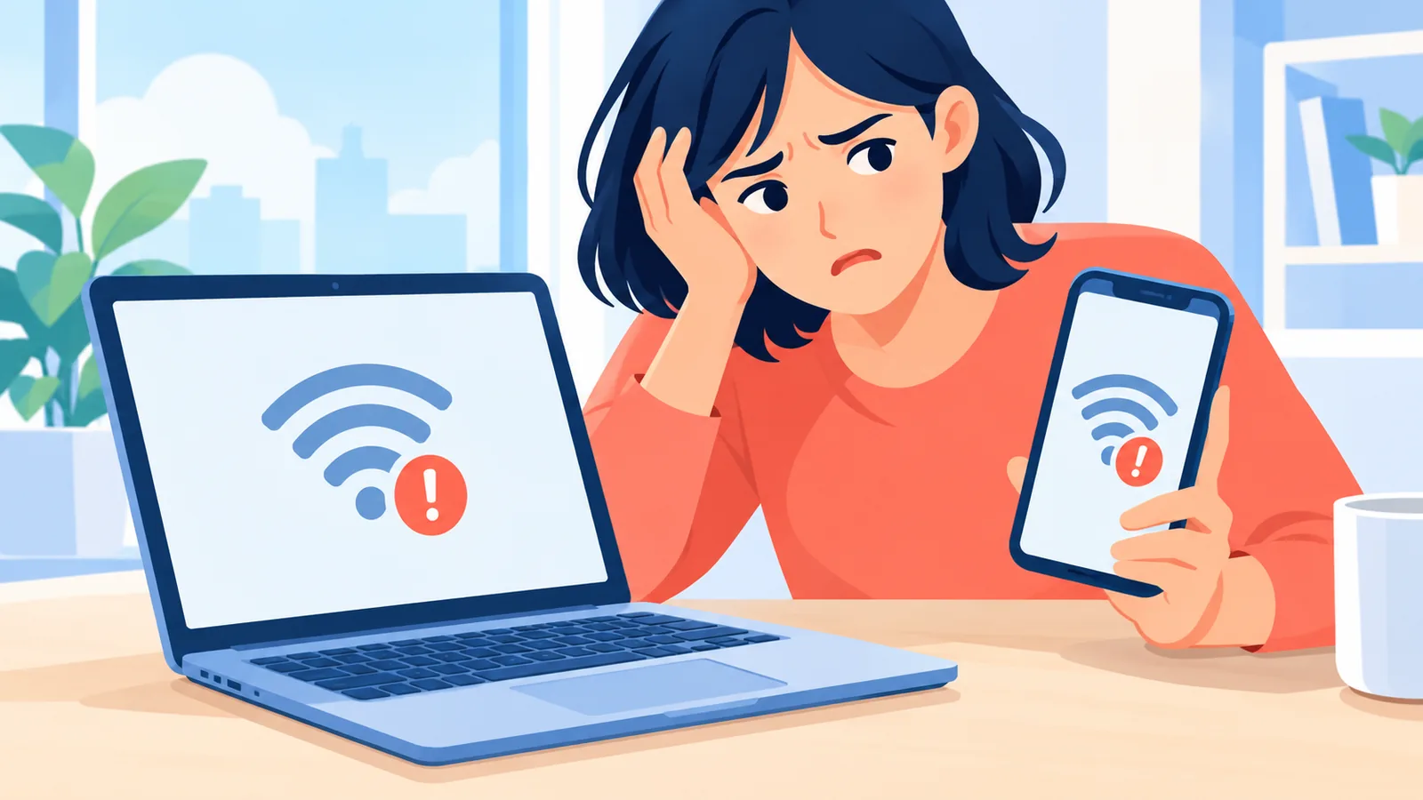 ノートパソコンとスマートフォンの両方でネットに繋がらない表示を確認している様子