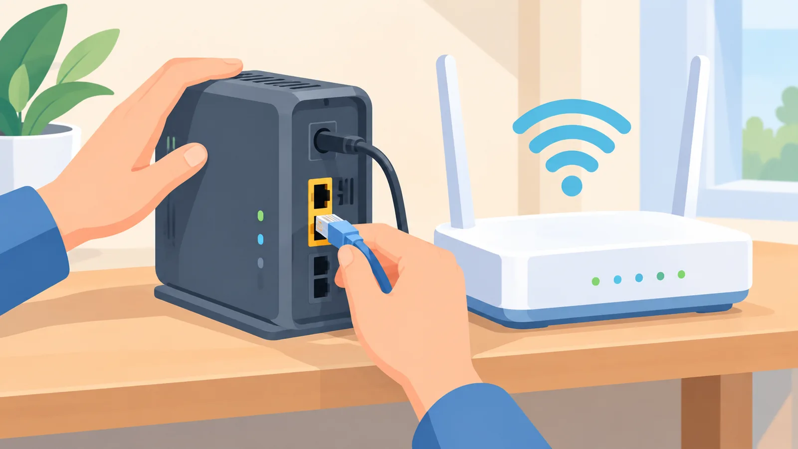 モデムの電源ケーブルを差し込む手元