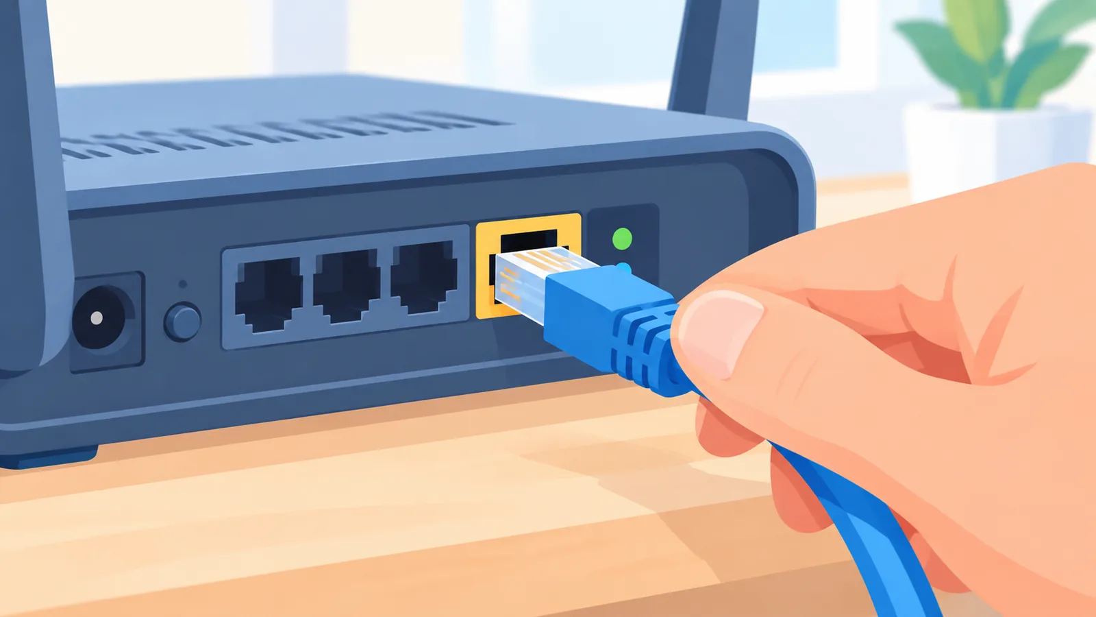ルーターのEthernetポートにLANケーブルを差し込む様子
