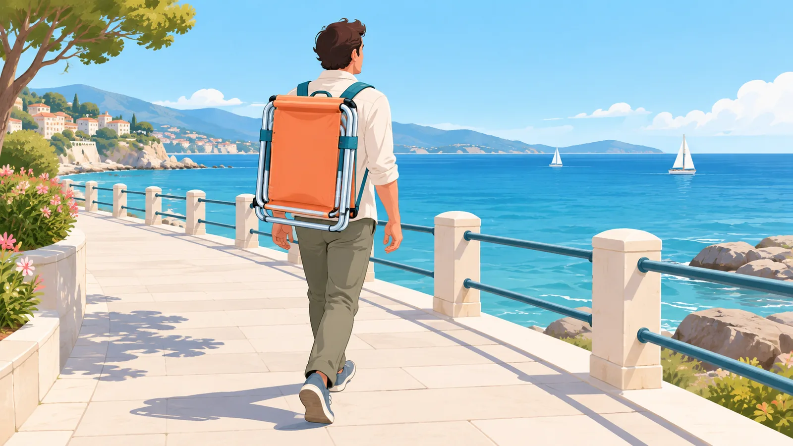 バックパック型のビーチチェアを背負って海辺を歩く旅行者