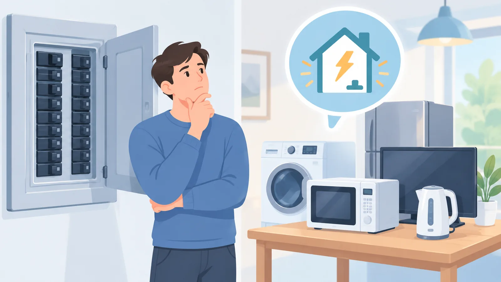 分電盤の前で家電の使い方を見直す住人