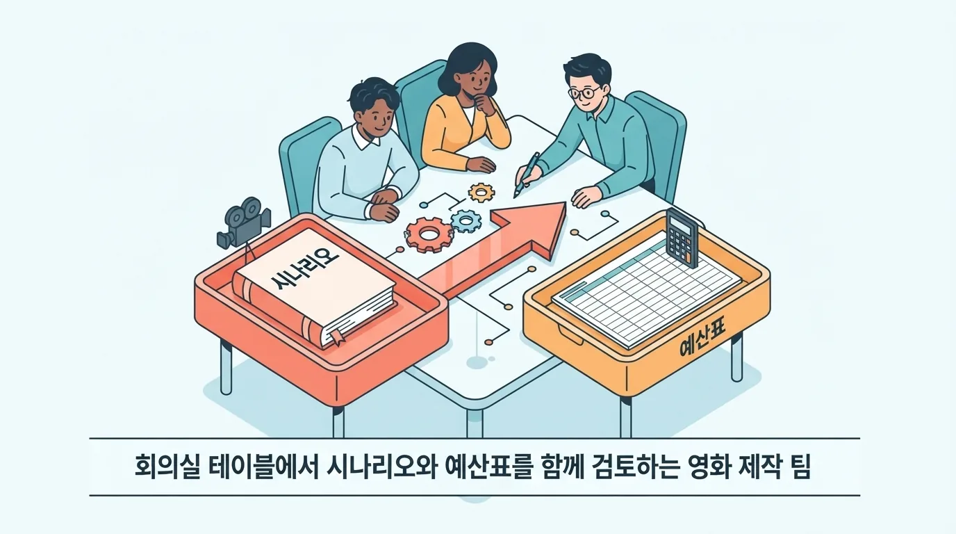 회의실에서 시나리오와 예산표를 검토하는 영화 제작 팀