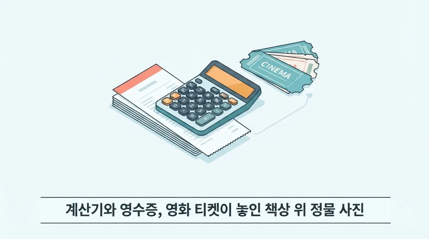 계산기와 영수증, 영화 티켓이 놓인 책상 위 풍경