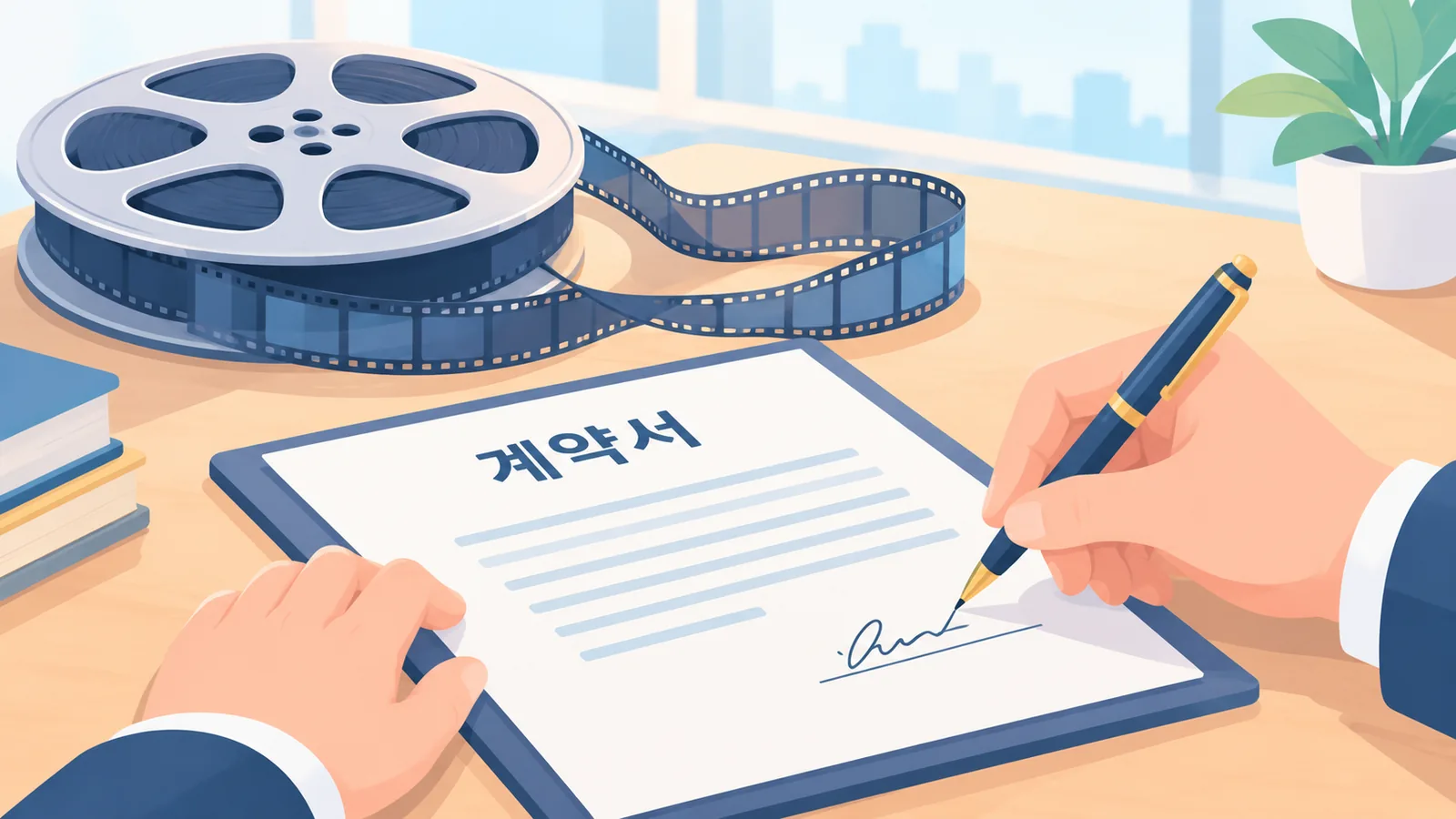 계약서에 서명하는 손과 영화 필름 릴