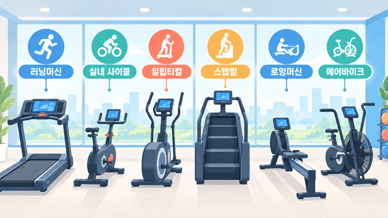 러닝머신, 실내 사이클, 일립티컬, 스텝밀, 로잉머신, 에어바이크는 어떻게 다를까요?