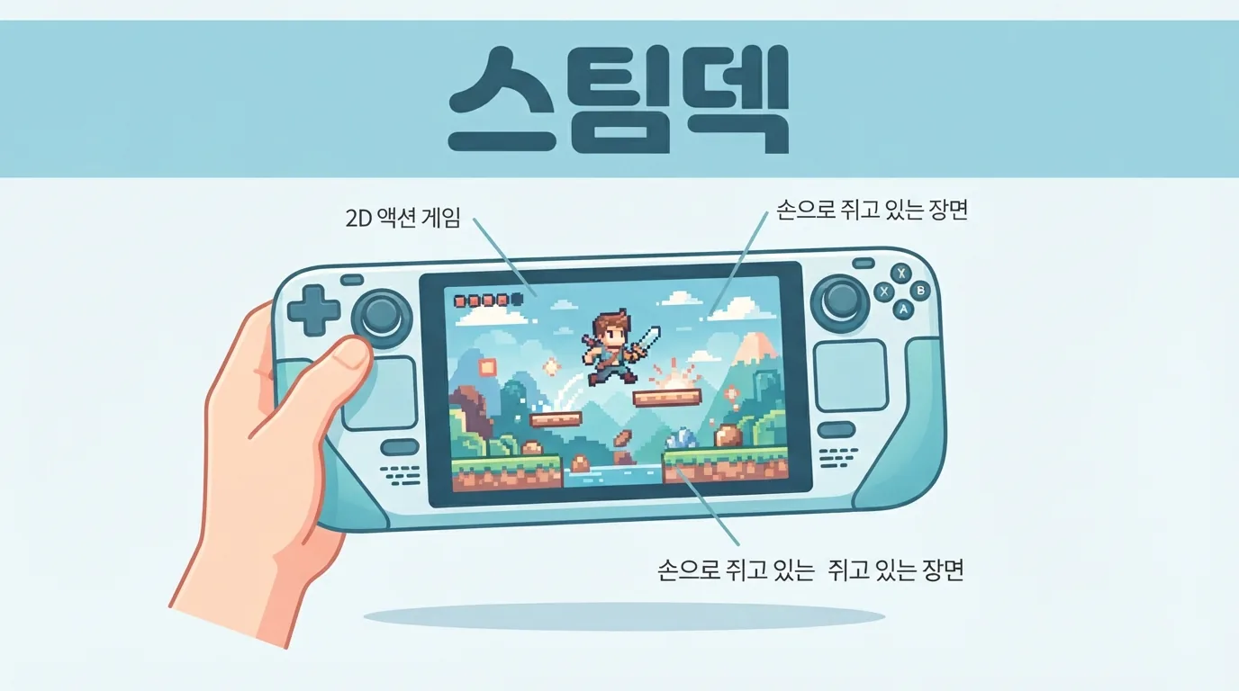 창가 책상 위 스탠드에 세워 둔 스팀덱에서 2D 게임이 실행되는 모습
