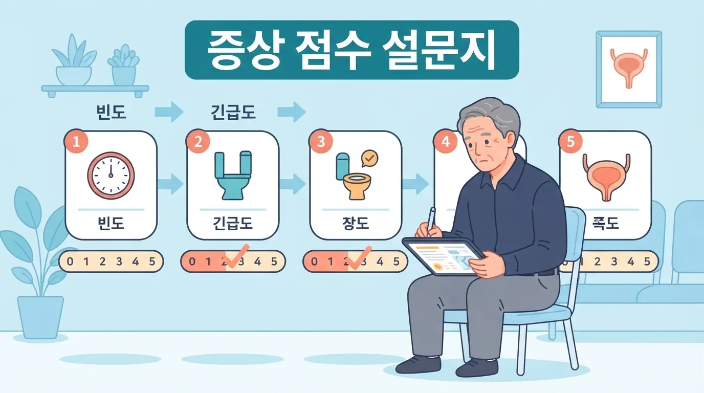 진료 대기실에서 증상 점수 설문지를 작성하는 남성의 손