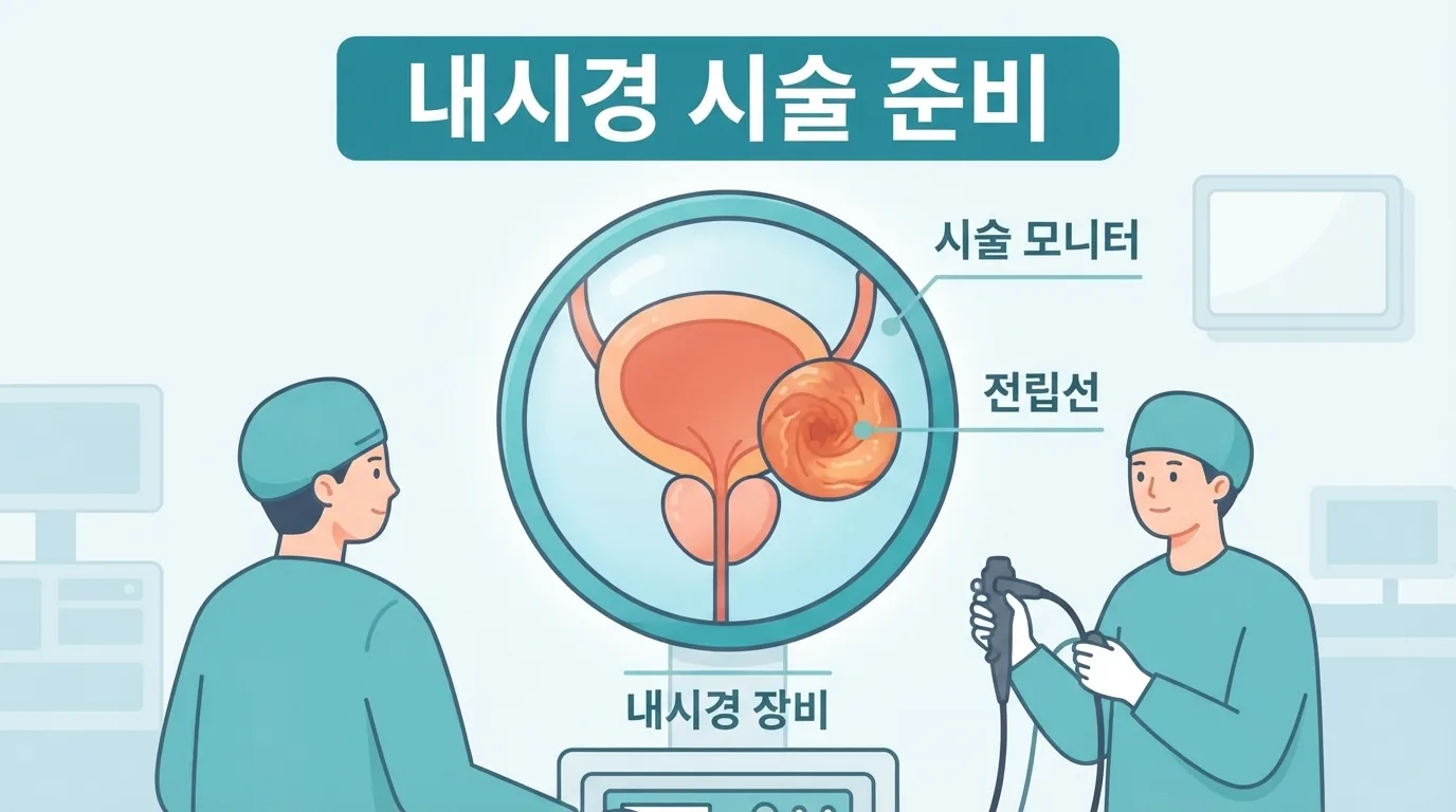 수술실에서 내시경 장비를 준비하는 의료진