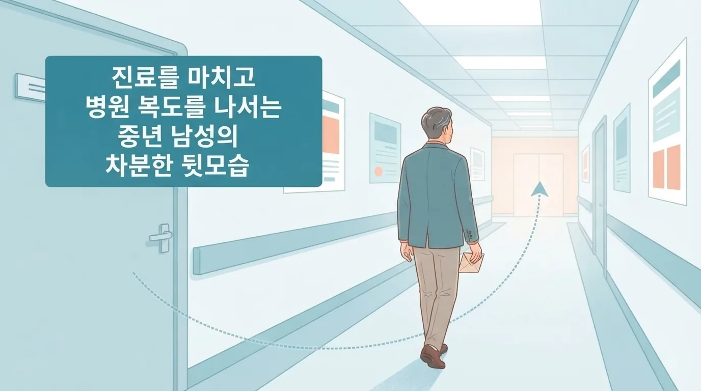 물컵과 복용 약 목록을 정리해 둔 탁자 위 모습