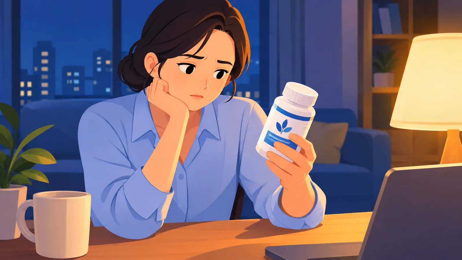 퇴근 후 어두운 거실 책상에서 영양제 병을 바라보는 직장인