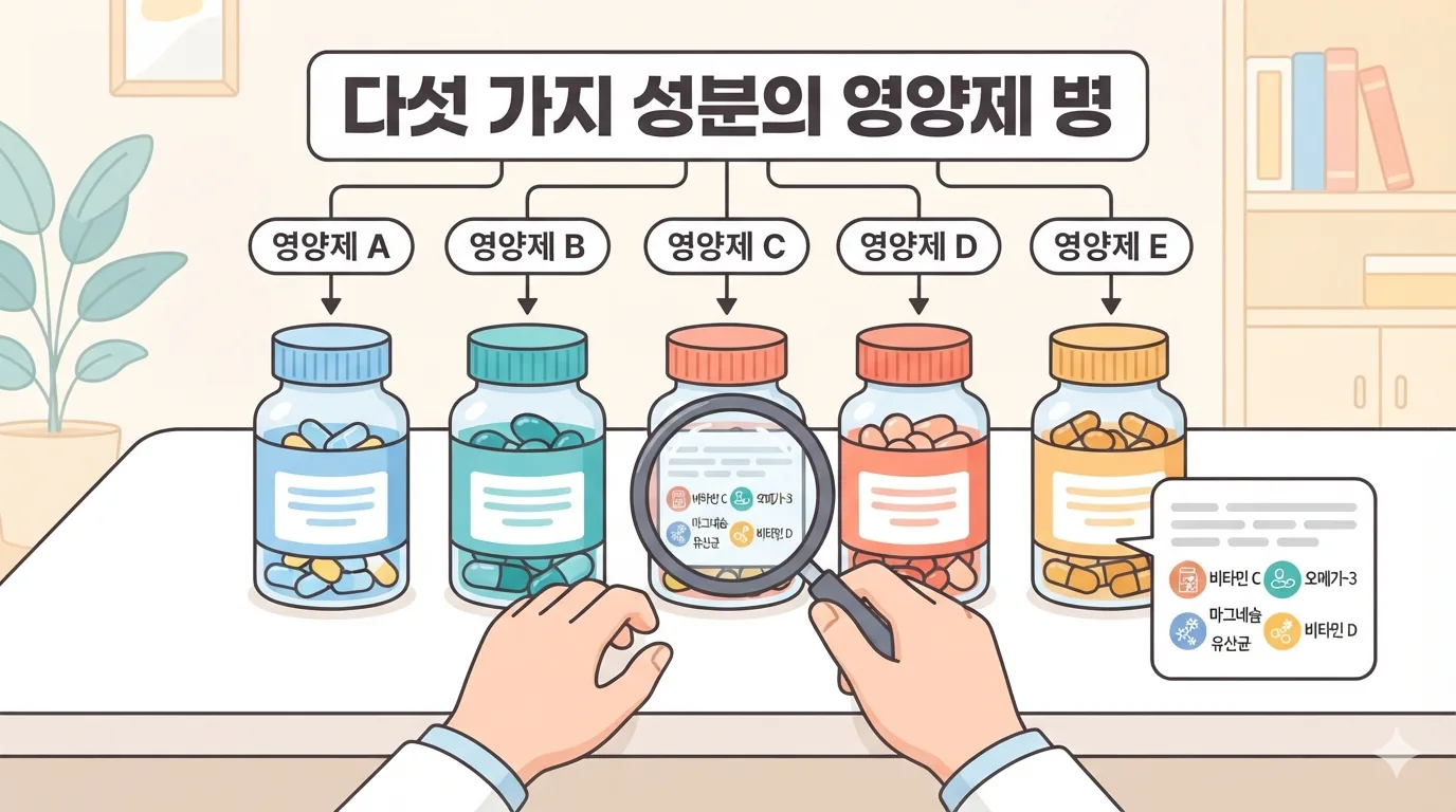 책상 위에 놓인 영양제 병들의 라벨을 비교하는 모습