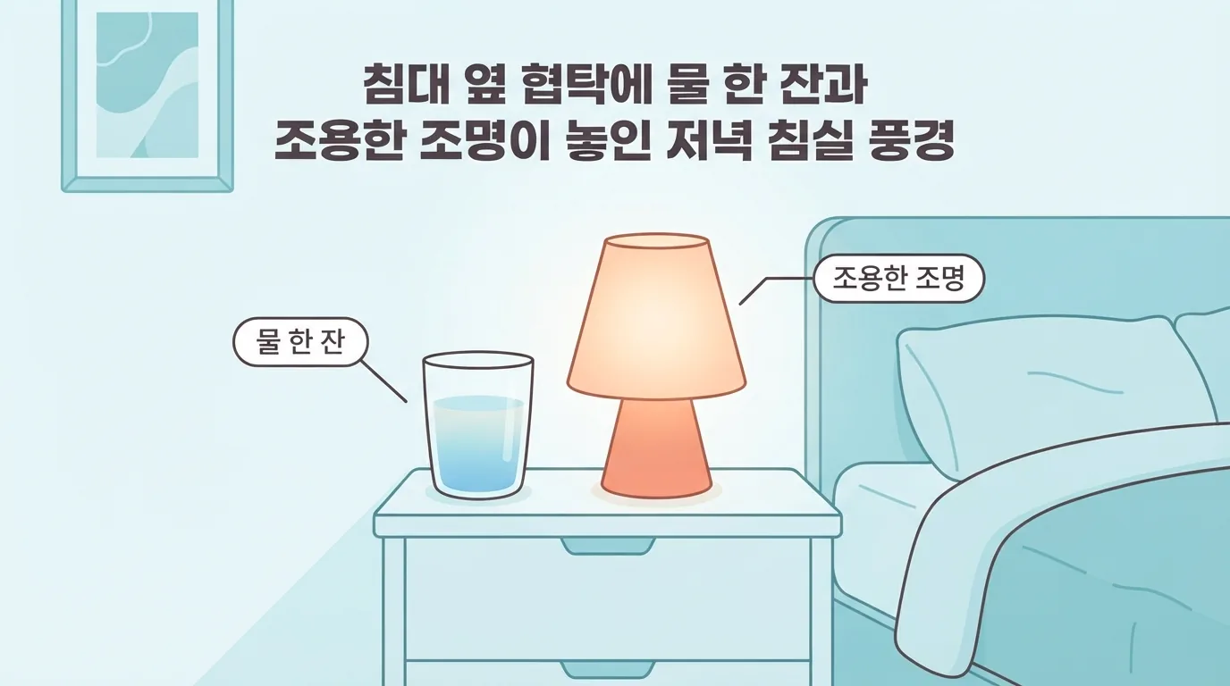 물 한 잔과 은은한 조명이 놓인 저녁 침실 협탁