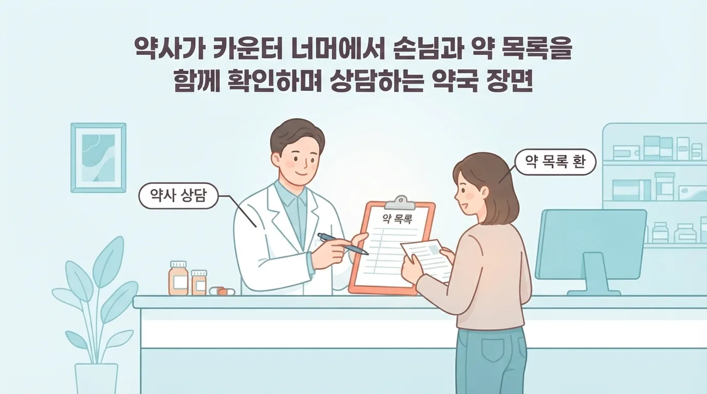 약국 카운터에서 약사와 복용 중인 약을 확인하는 장면
