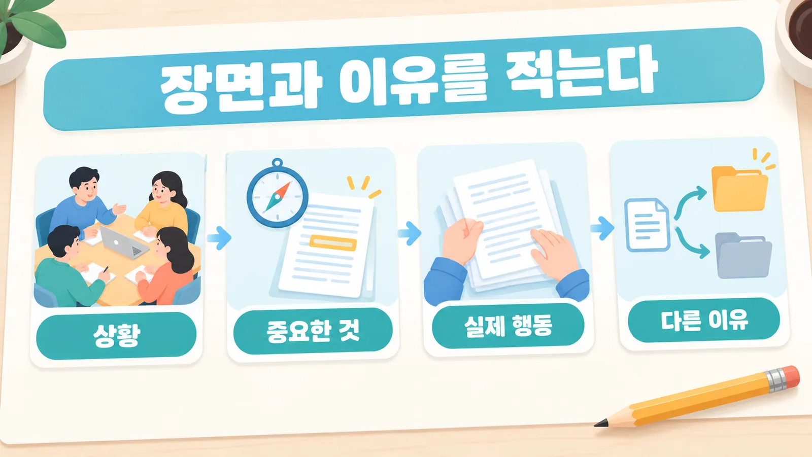상황, 중요하게 여긴 것, 실제 행동, 다른 가능한 이유를 차례로 기록하는 자기 관찰 양식