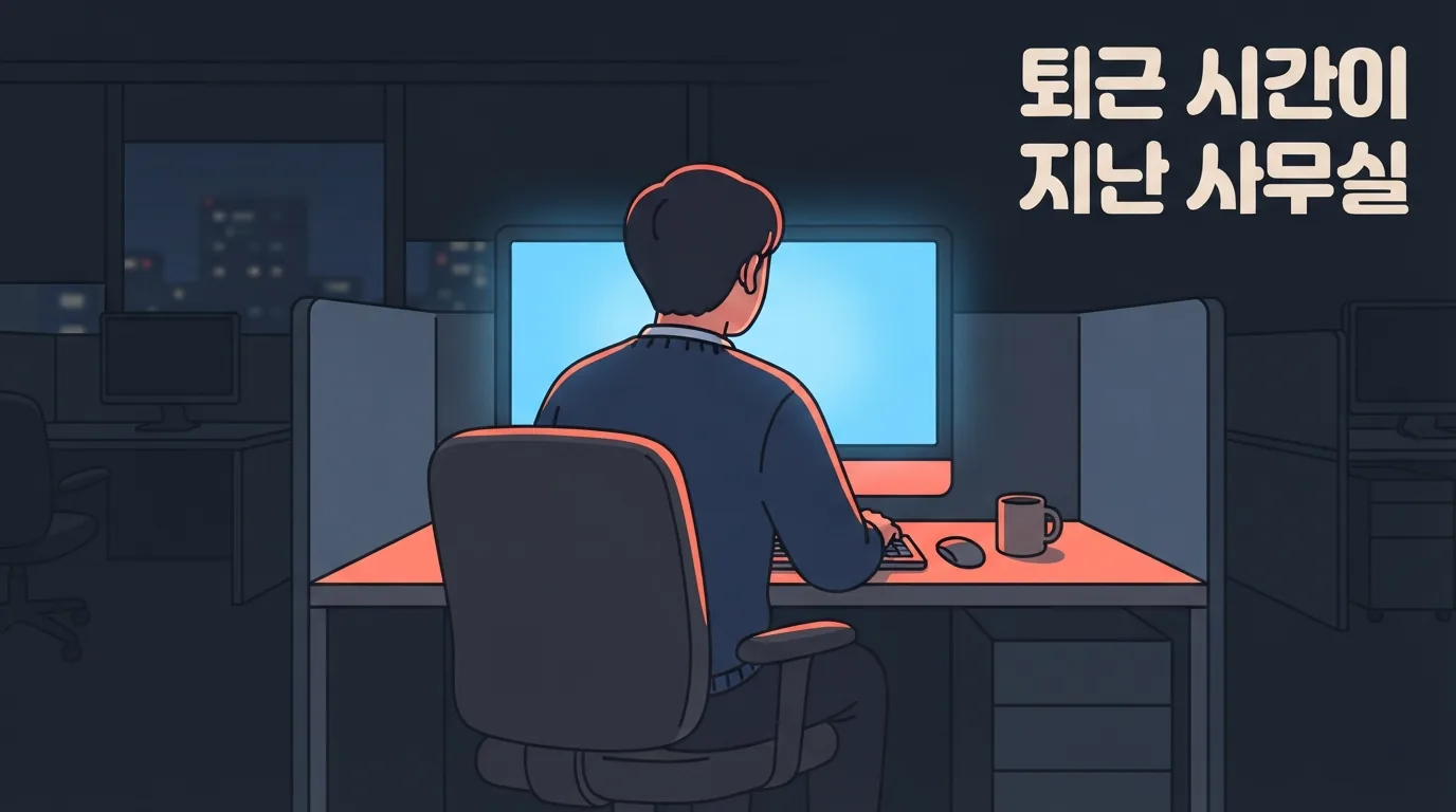 퇴근 시간이 지난 사무실에서 홀로 모니터 앞에 앉아 있는 직장인의 뒷모습