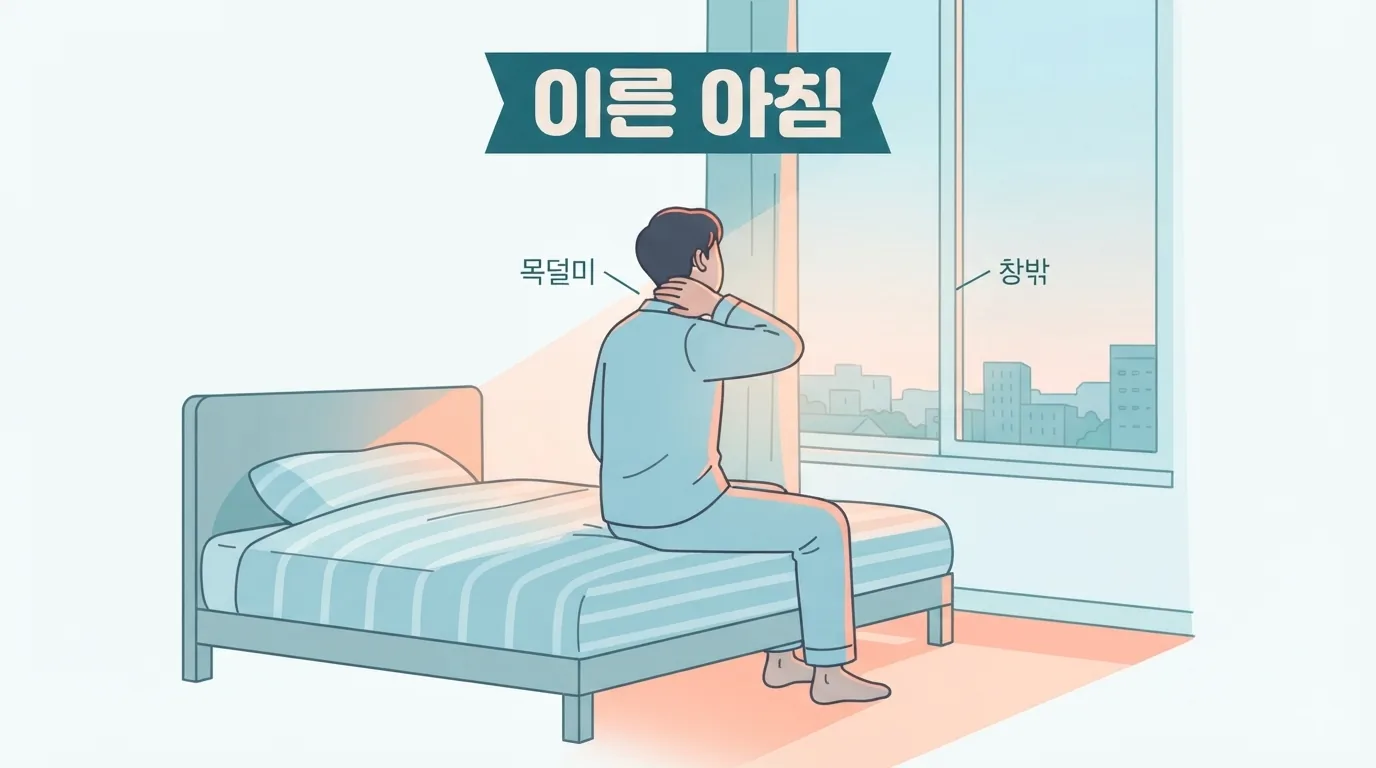 이른 아침 침대 가장자리에서 목덜미를 만지는 사람