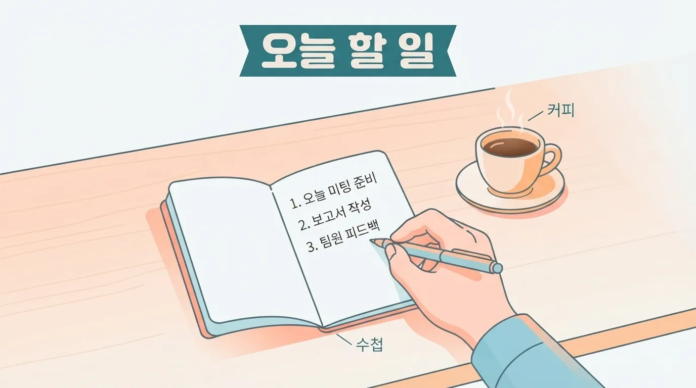책상 위 수첩에 오늘 할 일을 적어 둔 모습