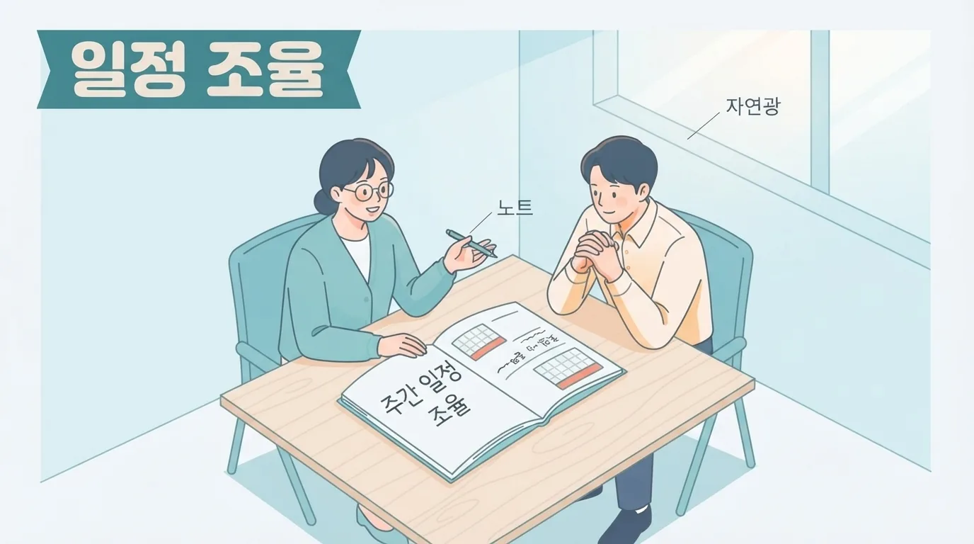 회의실에서 동료와 차분히 일정을 조율하는 두 사람