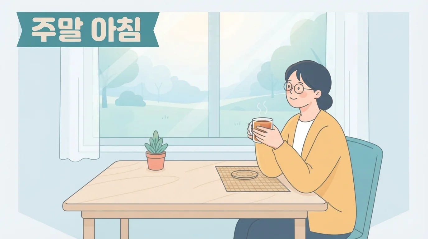 주말 아침 창가에서 따뜻한 차를 마시는 사람