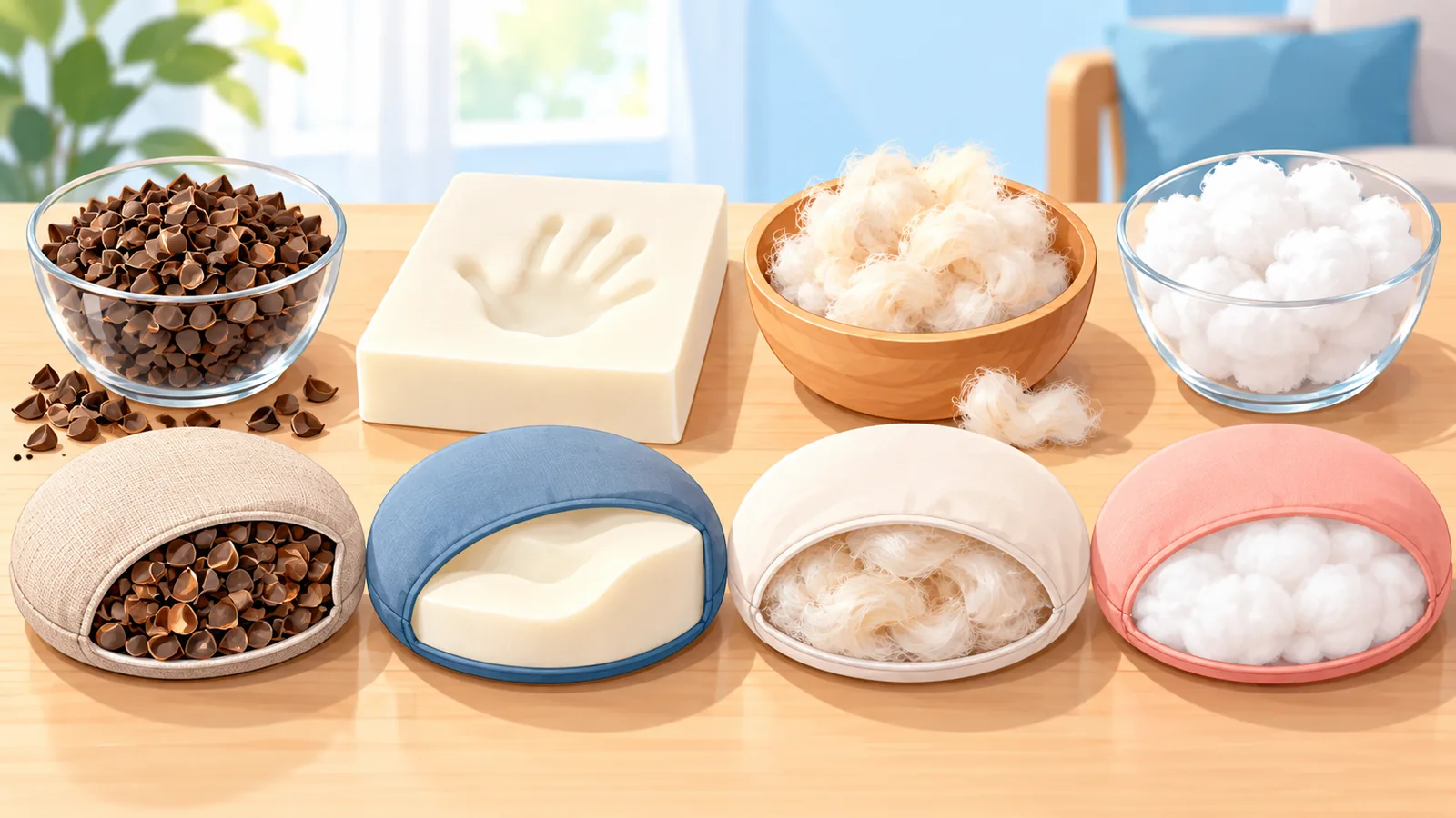 메밀, 메모리폼, 케이폭, 면솜은 무엇이 다른가요?